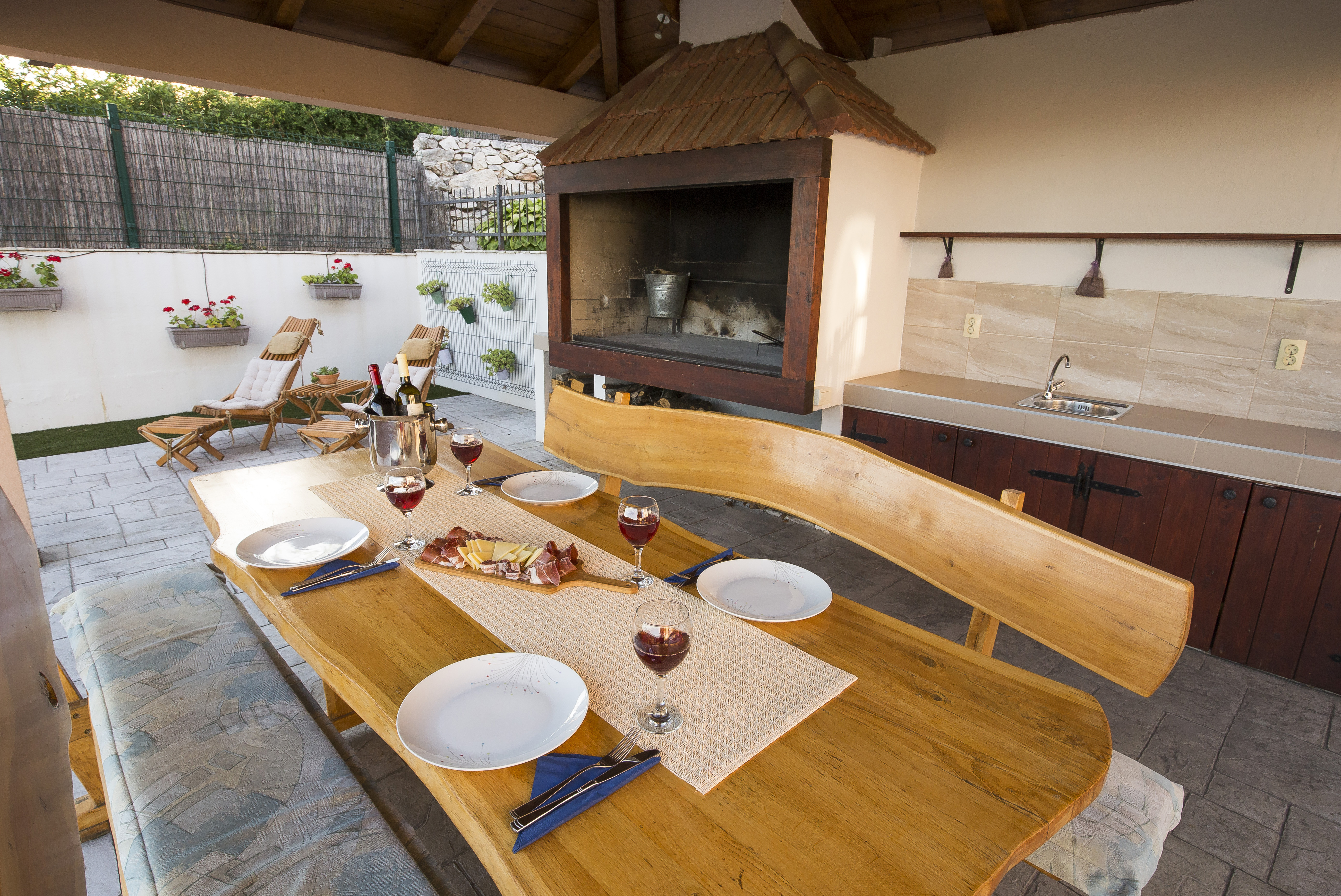Pool at dusk with mountain backdrop